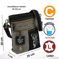 Domelo Umhängetasche. Canvas Trachtentasche mit Hirsch-Motiv, grau/ schwarz