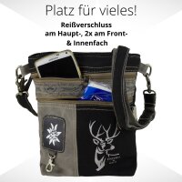 Domelo Umhängetasche. Canvas Trachtentasche mit Hirsch-Motiv, grau/ schwarz