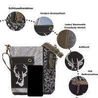 Domelo Umhängetasche. Canvas Trachtentasche mit Hirsch-Motiv, grau/ schwarz