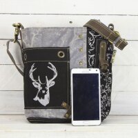 Domelo Umhängetasche. Canvas Trachtentasche mit Hirsch-Motiv, grau/ schwarz
