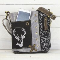 Domelo Umhängetasche. Canvas Trachtentasche mit Hirsch-Motiv, grau/ schwarz