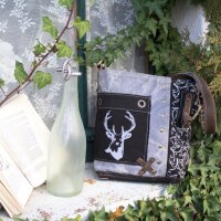 Domelo Umhängetasche. Canvas Trachtentasche mit Hirsch-Motiv, grau/ schwarz