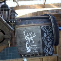 Domelo Umhängetasche. Canvas Trachtentasche mit Hirsch-Motiv, grau/ schwarz