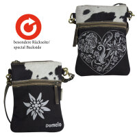 Domelo kleine Umhängetasche. Beidseitig tragbare Canvas Trachtentasche mit Herz & Edelweiss-Motiv