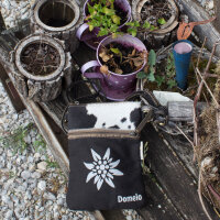 Domelo kleine Umhängetasche. Beidseitig tragbare Canvas Trachtentasche mit Herz & Edelweiss-Motiv