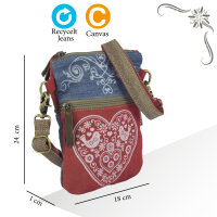 Domelo kleine Umhängetasche. Trachtentasche aus recycelter Jeans & Canvas mit Herz-Motiv