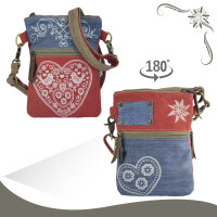 Domelo kleine Umhängetasche. Trachtentasche aus recycelter Jeans & Canvas mit Herz-Motiv
