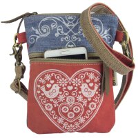 Domelo kleine Umhängetasche. Trachtentasche aus recycelter Jeans & Canvas mit Herz-Motiv