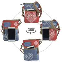 Domelo kleine Umhängetasche. Trachtentasche aus recycelter Jeans & Canvas mit Herz-Motiv