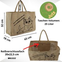 Domelo große Jute Einkaufskorb, 100% Vegane Einkaufstasche/Jutetasche/Shopper mit Katzenmotiv