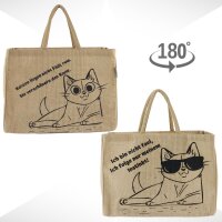 Domelo große Jute Einkaufskorb, 100% Vegane Einkaufstasche/Jutetasche/Shopper mit Katzenmotiv