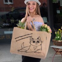 Domelo große Jute Einkaufskorb, 100% Vegane Einkaufstasche/Jutetasche/Shopper mit Katzenmotiv
