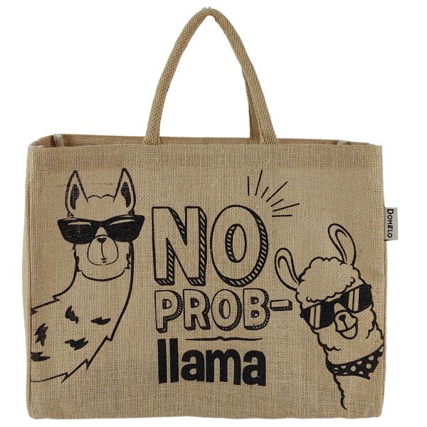Domelo große Jute Einkaufskorb, 100% Vegane Einkaufstasche/Jutetasche/Shopper mit Lamamotiv