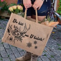 Domelo große Jute Einkaufskorb, 100% Vegane Einkaufstasche/Jutetasche/Shopper mit Trachten Motiv