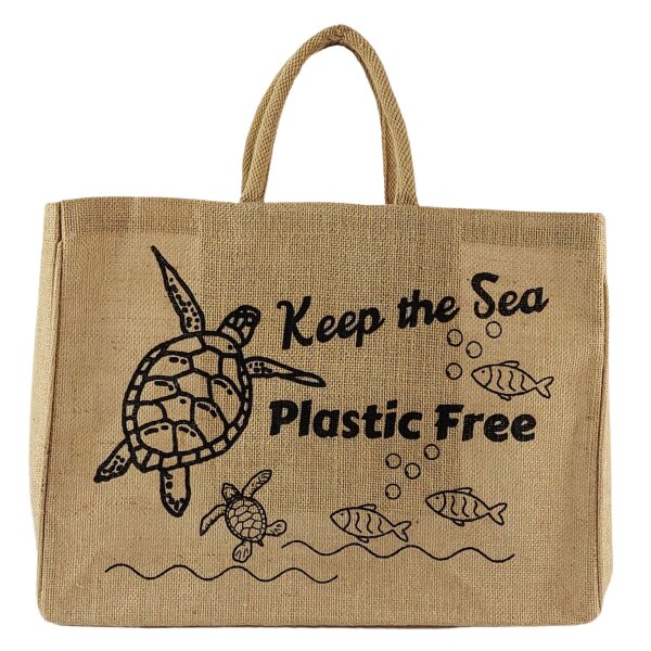 Domelo große Jute Einkaufskorb, 100% Vegane Einkaufstasche/Jutetasche/Shopper. Badetasche mit Seeschildkröte Motiv