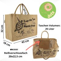 Domelo große Jute Einkaufskorb, 100% Vegane Einkaufstasche/Jutetasche/Shopper. Badetasche mit Seeschildkröte Motiv