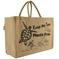 Domelo große Jute Einkaufskorb, 100% Vegane Einkaufstasche/Jutetasche/Shopper. Badetasche mit Seeschildkröte Motiv