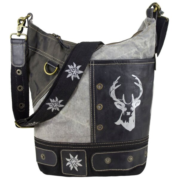 Domelo Canvas Hobo Trachtentasche mit Hirsch-Motiv. grau/schwarz