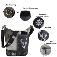 Domelo Canvas Hobo Trachtentasche mit Hirsch-Motiv. grau/schwarz
