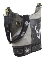 Domelo Canvas Hobo Trachtentasche mit Hirsch-Motiv. grau/schwarz
