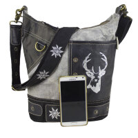 Domelo Canvas Hobo Trachtentasche mit Hirsch-Motiv. grau/schwarz