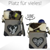 Domelo kleine Umhängetasche. Beidseitig tragbare Canvas/ Kuhfell Trachtentasche,Herz/Hirsch Motiv