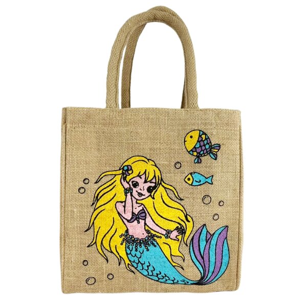 Domelo Mädchentasche, Jute Handtasche für Mädchen, kleine Kindertasche, Sommer Mädchen Tasche, Mädchen Badetasche mit Meerjungfrau Motiv.