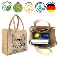 Domelo Jute Einkaufskorb, Vegane Einkaufstasche. Kleine Damen Handtasche mit Katze Motiv