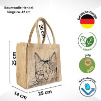Domelo Jute Einkaufskorb, Vegane Einkaufstasche. Kleine Damen Handtasche mit Katze Motiv