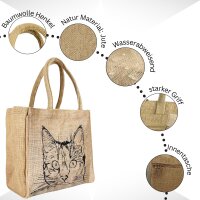 Domelo Jute Einkaufskorb, Vegane Einkaufstasche. Kleine Damen Handtasche mit Katze Motiv