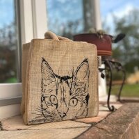 Domelo Jute Einkaufskorb, Vegane Einkaufstasche. Kleine Damen Handtasche mit Katze Motiv