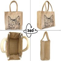 Domelo Jute Einkaufskorb, Vegane Einkaufstasche. Kleine Damenhandtasche mit Katze Motiv