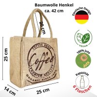 Domelo Jute Einkaufskorb, Vegane Einkaufstasche. Kleine Damen Handtasche, Kaffee Motiv