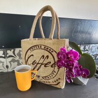 Domelo Jute Einkaufskorb, Vegane Einkaufstasche. Kleine Damen Handtasche, Kaffee Motiv