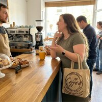 Domelo Jute Einkaufskorb, Vegane Einkaufstasche. Kleine Damenhandtasche, Kaffee Motiv
