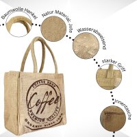 Domelo Jute Einkaufskorb, Vegane Einkaufstasche. Kleine Damenhandtasche, Kaffee Motiv